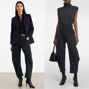 NILI LOTAN Washed Black Stretch Cotton Twill Curved Barrel Leg Shon Pant 6